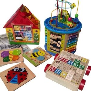 Colorful Wooden Activity Cube and Puzzle Set